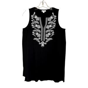 ✨ J. Jill Black/White Embroidered Floral V-Neck Long Tank Top Shirt Size Small
